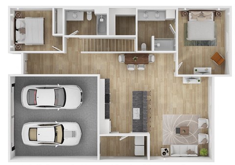 A top-down view of a house interior with two cars parked in the driveway.